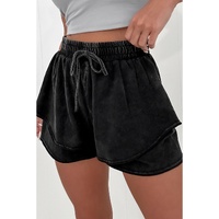 Black Mineral Wash French Terry High Waist Casual Shorts - M thumbnail