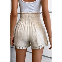 Apricot Textured Frilled Knotted High Waist Lace Hem Shorts - M thumbnail