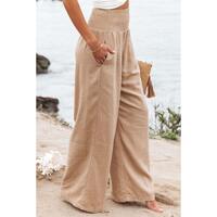 Azura Exchange Smocked High Waist Wide Leg Pants in Khaki - XL thumbnail