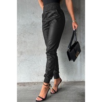 Black Smocked High-Waist Leather Skinny Pants - L thumbnail