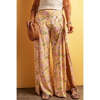Yellow Floral Print High Slit Wide Leg Pants - M thumbnail