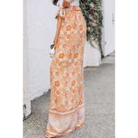Grapefruit Orange Tie Waist Boho Floral Wide Leg Pants - L thumbnail
