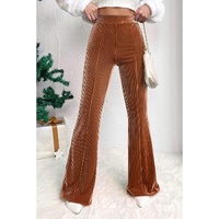 Chestnut Solid Color High Waist Flare Corduroy Pants - L thumbnail