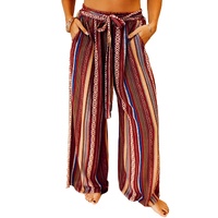 Red Boho Ethnic Striped Print Tie Waist Wide Leg Pants - L thumbnail