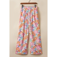 Pink Floral Smocked Waist Loose Pants - L thumbnail