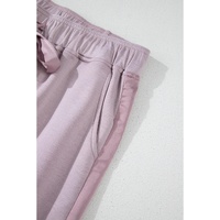 Orchid Petal Drawstring Waist Satin Stripe Patch Straight Leg High Waist Pants - M thumbnail