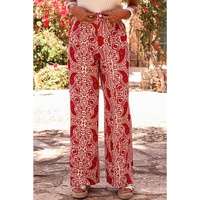 Red Paisley Printed Buttoned High Waist Straight Leg Pants - L thumbnail