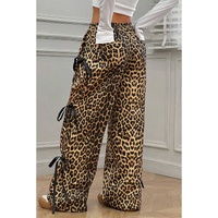 Brown Leopard Print Bow Tie Drawstring Elastic Waist Loose High Waist Pants - L thumbnail