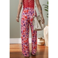 Purple Floral Wide Leg Elastic High Waist Pants - L thumbnail