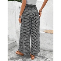 Black Bohemian Print Slit Wide Leg Smocked High Waist Pants - L thumbnail