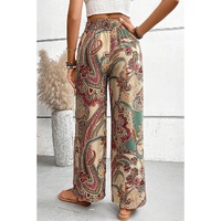 Khaki Paisley Print Boho Elastic Waist Wide Leg Pants - L thumbnail