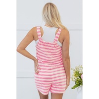Pink Stripe Knotted Strap Patched Pocket Romper - L thumbnail