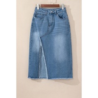 Light Blue Frayed Slit Asymmetric Denim Midi Skirt - XL thumbnail