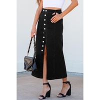 Black Button Fly Side Split High Waist Denim Midi Skirt - XL thumbnail