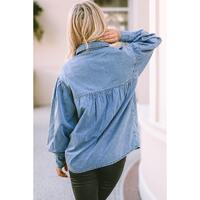 Azura Exchange V-shape Stitching Puff Sleeve Denim Shirt - M thumbnail