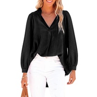Black Split V-Neck Balloon Sleeve Ruched Denim Top - L thumbnail