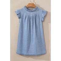 Beau Blue Frilly Pleated Button Back Retro Chambray Top - L thumbnail