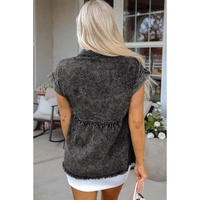 Black Short Sleeve Flap Pocket Button Up Raw Hem Denim Shirt - S thumbnail