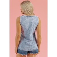 Beau Blue Mineral Wash Denim Frayed U Neck Sleeveless Top - L thumbnail