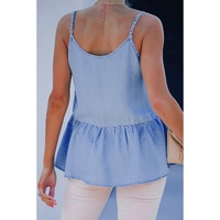 Sky Blue Casual Ruffled Spaghetti Straps Denim Tank Top - M thumbnail