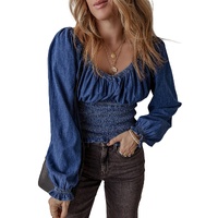 Dark Blue Smocked Ruffled Puff Sleeve V Neck Denim Blouse - L thumbnail