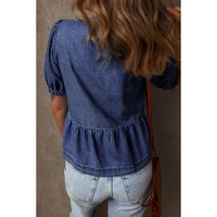 Sail Blue Tied Front Bubble Sleeve Peplum Denim Shirt - XL thumbnail