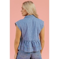 Dusk Blue Lapel Denim Babydoll Top - M thumbnail