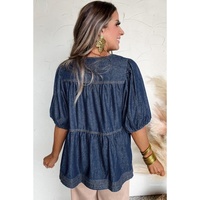 Sail Blue Puff Sleeve Lace-up Neckline Splicing Denim Blouse - L thumbnail
