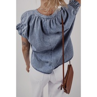 Dusk Blue V Neck Ruffled Short Puff Sleeve Denim Top - L thumbnail
