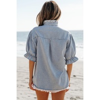 Beau Blue Ruffle Short Puff Sleeve Summer Chambray Shirt - L thumbnail