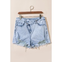 Light Blue Acid Wash Crossed Raw Edge Denim Shorts - 10 US thumbnail