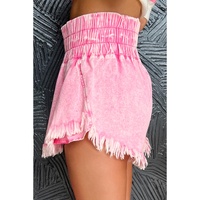 Pink Washed Wide Smocked Waistband Frayed Denim Shorts - 16 US thumbnail