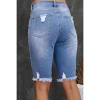 Sky Blue Ripped Tassel Bermuda Denim Shorts - M thumbnail