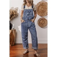 Sail Blue Denim Bib Straight Leg Jumpsuit with Pockets - L thumbnail