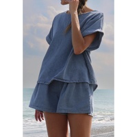 Light Blue Denim Cuffed Sleeve Tee Elastic Shorts Set - L thumbnail