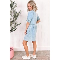 Beau Blue Mineral Wash Ruffled Short Sleeve Buttoned Denim Dress - XL thumbnail