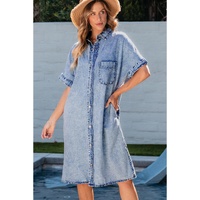 Light Blue Loose Medium Wash Short Sleeve Shirt Chambray Dress - M thumbnail