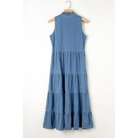 Blue Sleeveless Tiered Chambray Maxi Dress - M thumbnail