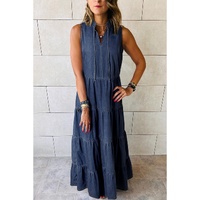 Real Teal Sleeveless Tiered Chambray Maxi Dress - S thumbnail