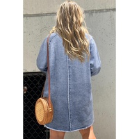 Beau Blue Mineral Wash Long Sleeve Button Up Raw Hem Pocketed Denim Dress - M thumbnail