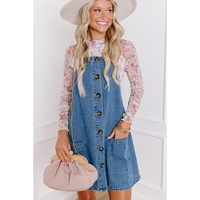 Dusk Blue Wide Strap Button Front Pocketed Denim Mini Dress - M thumbnail