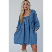 Dusk Blue Square Neck Side Pockets Loose Fit Denim Mini Dress - XL thumbnail