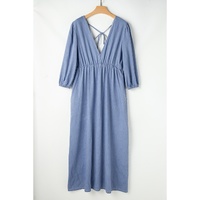 Myosotis Chambray Deep V Neck Bracelet Sleeve Maxi Dress - L thumbnail