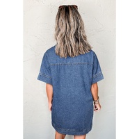 Blue Short Sleeve Collared Patched Pocket Denim Mini Dress - S thumbnail