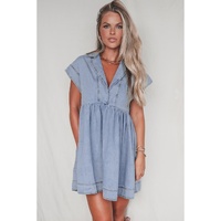Beau Blue Lapel Neck Cap Sleeve High Waist Denim Babydoll Dress - L thumbnail