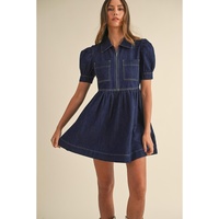 Dirty blue Zipped up Bodice Collared Short Puff Sleeve Denim Dress - L thumbnail