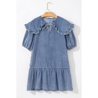 Dusk Blue Ruffled Collared Side Pockets Puff Sleeve Denim Mini Dress - S thumbnail
