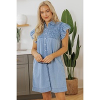 Beau Blue Flutter Sleeve Shirred Detail Button Up Denim Mini Dress - XL thumbnail