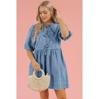 Dusk Blue Bowknot Bubble Sleeve Short Denim Dress - L thumbnail
