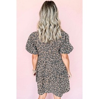 Brown Denim Leopard Printed Short Puff Sleeve Mini Dress - S thumbnail